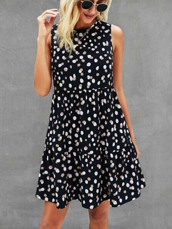 Sleeveless Round Neck Polka Dot Mini Dress