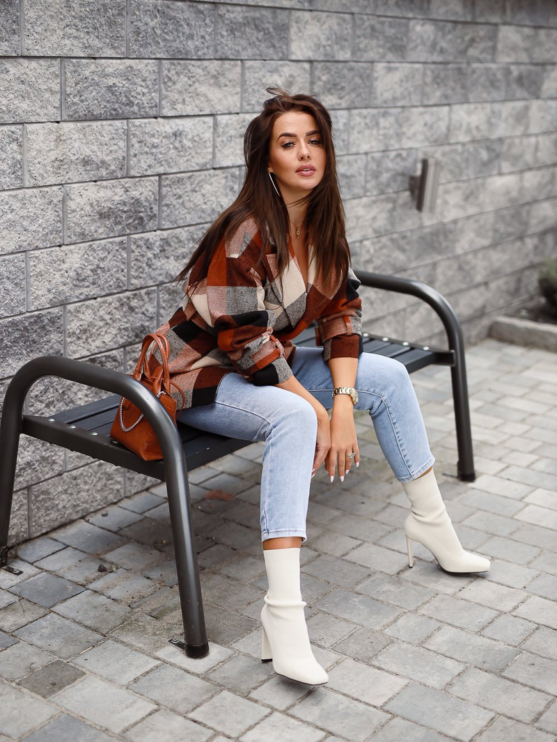 Long Sleeve Collar Asymmetric Plaid Coat