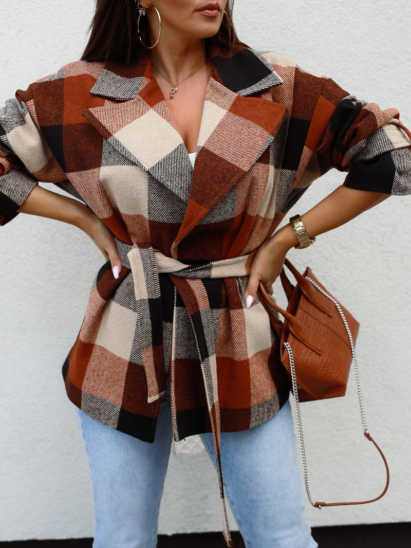 Long Sleeve Collar Asymmetric Plaid Coat