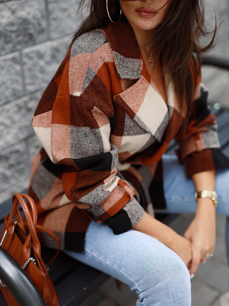 Long Sleeve Collar Asymmetric Plaid Coat