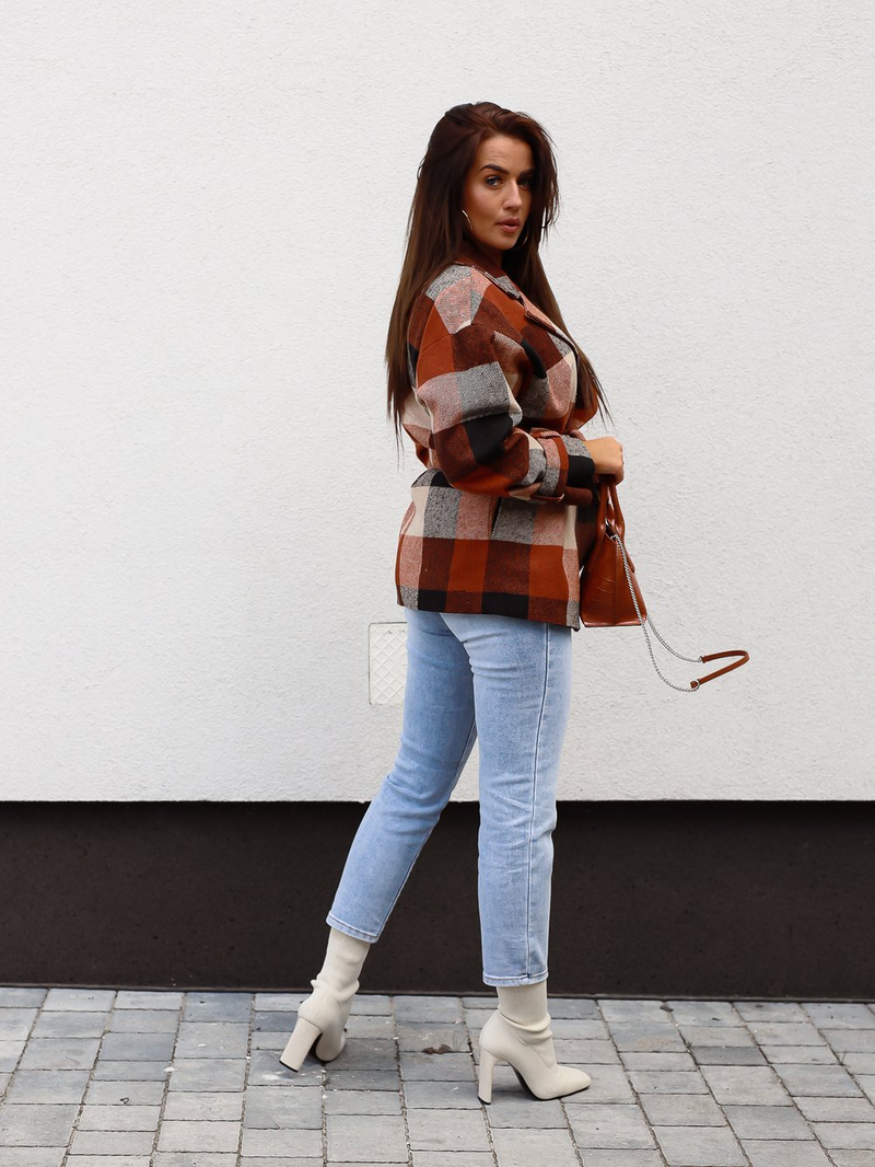 Long Sleeve Collar Asymmetric Plaid Coat