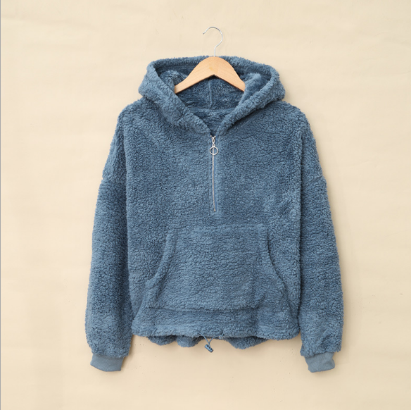 Fleece Zip Up Solid Color Hooded Sweatshirt