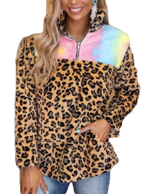 Leopard Half Zip Up Teddy Sherpa Pullover