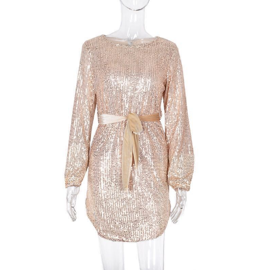 Sequins Long Sleeve Waist Tie Loose Mini Dress