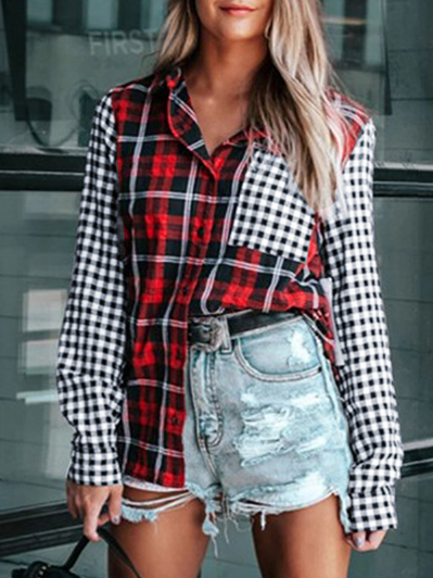 Red Plaid Button Down Long Sleeve Shirt Top