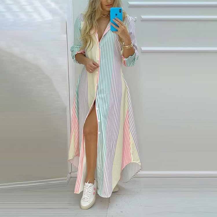 Single Breasted Button Lapel Long Sleeve Print Oversized Dress