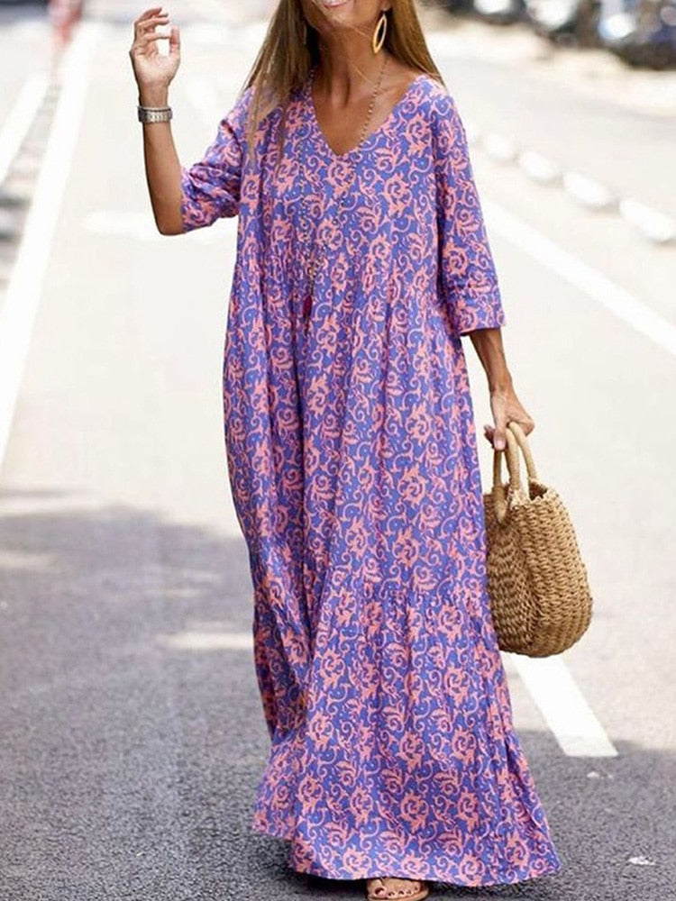 Casual Loose Retro Pattern Printed Elegant Maxi Dress