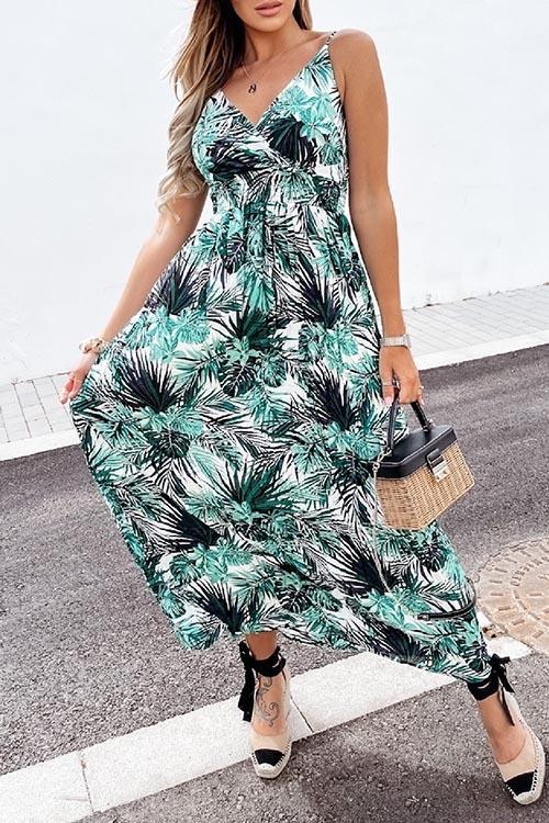 Summer Leaf Print Suspender Maxi Dress