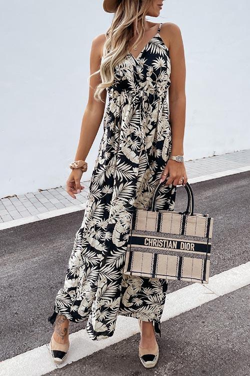 Summer Leaf Print Suspender Maxi Dress