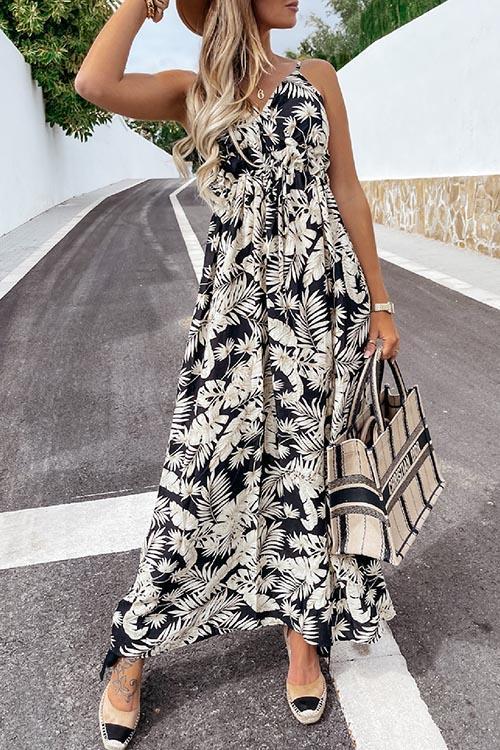 Summer Leaf Print Suspender Maxi Dress