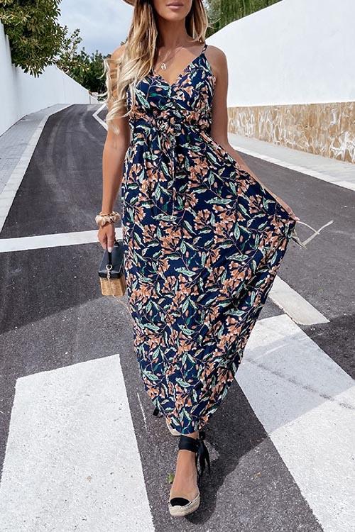 Summer Leaf Print Suspender Maxi Dress