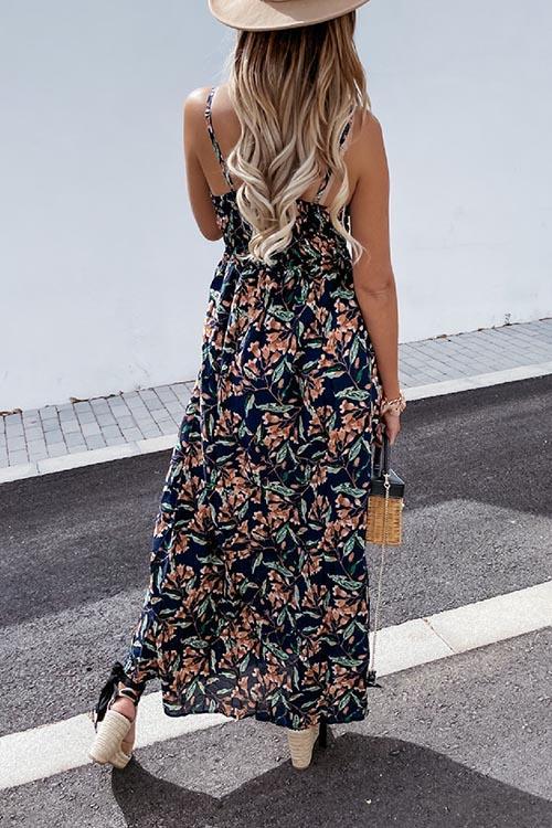 Summer Leaf Print Suspender Maxi Dress