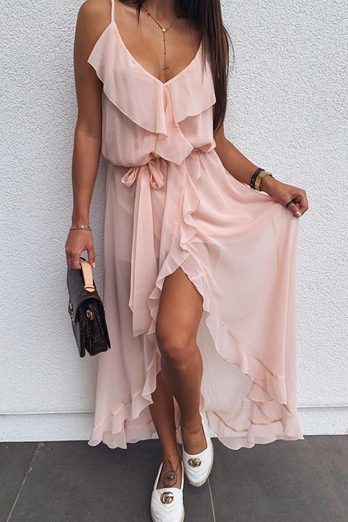 V-Neck Ruffled Chiffon Dress