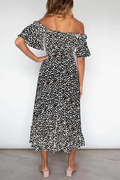 One-Shoulder Short-Sleeved Leopard Print Dress