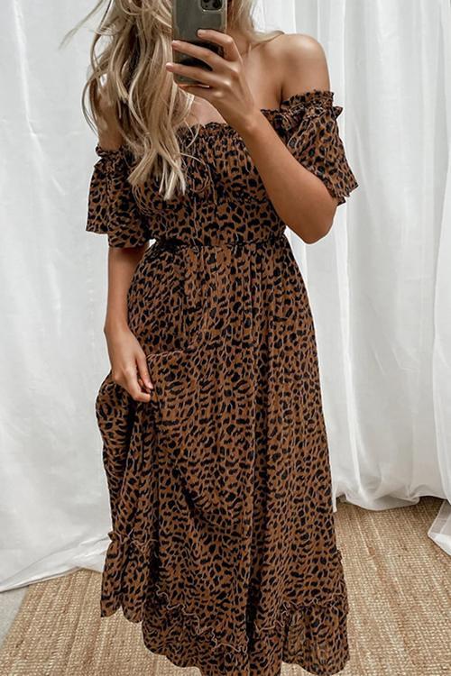 One-Shoulder Short-Sleeved Leopard Print Dress