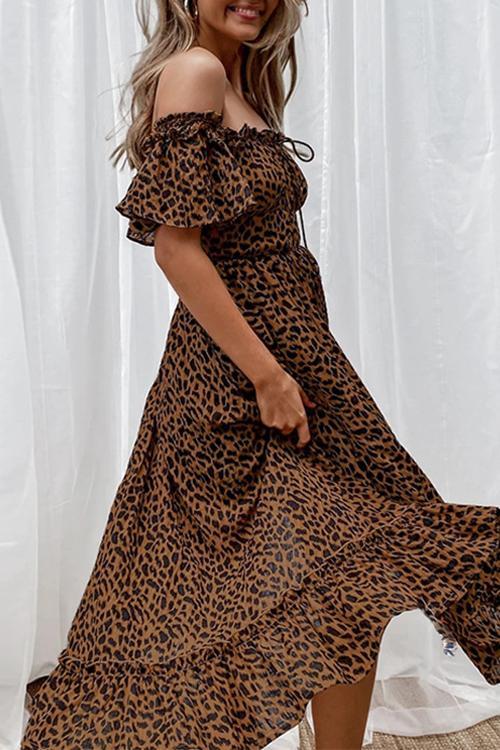 One-Shoulder Short-Sleeved Leopard Print Dress