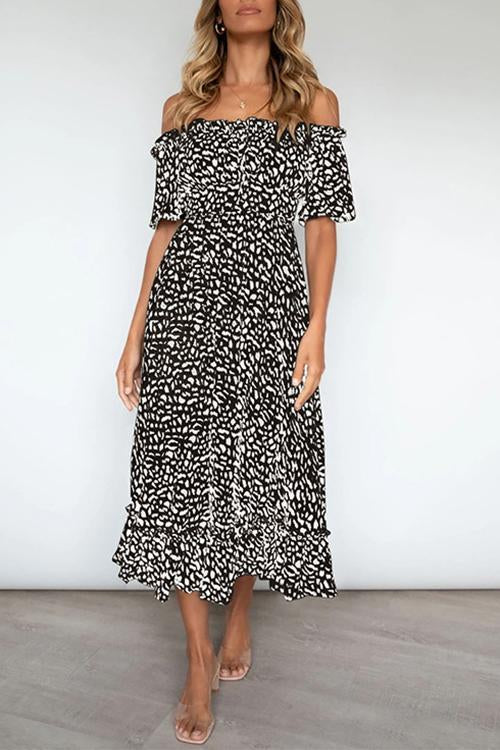 One-Shoulder Short-Sleeved Leopard Print Dress