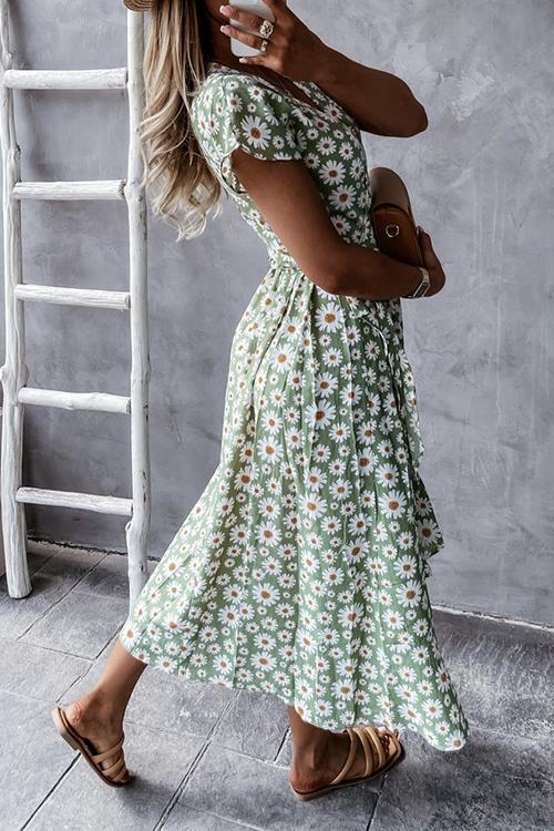 V-Neck Daisy Print Holiday Dress