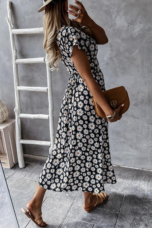 V-Neck Daisy Print Holiday Dress