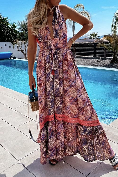 Lace Stitching Bohemian Halter Dress