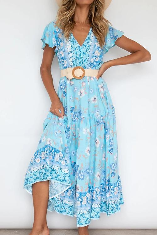 V-Neck Button Blue Floral Dress