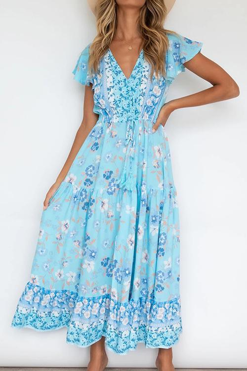 V-Neck Button Blue Floral Dress