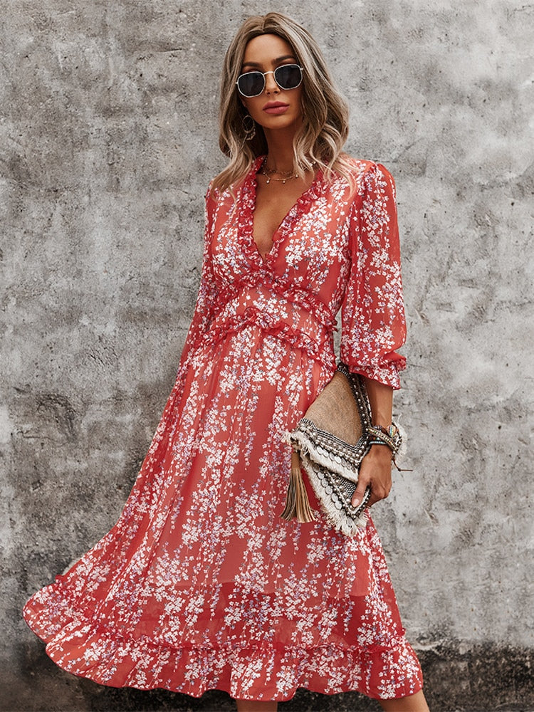 Sexy Floral Print Butterfly Sleeve High Waist Midi Dress