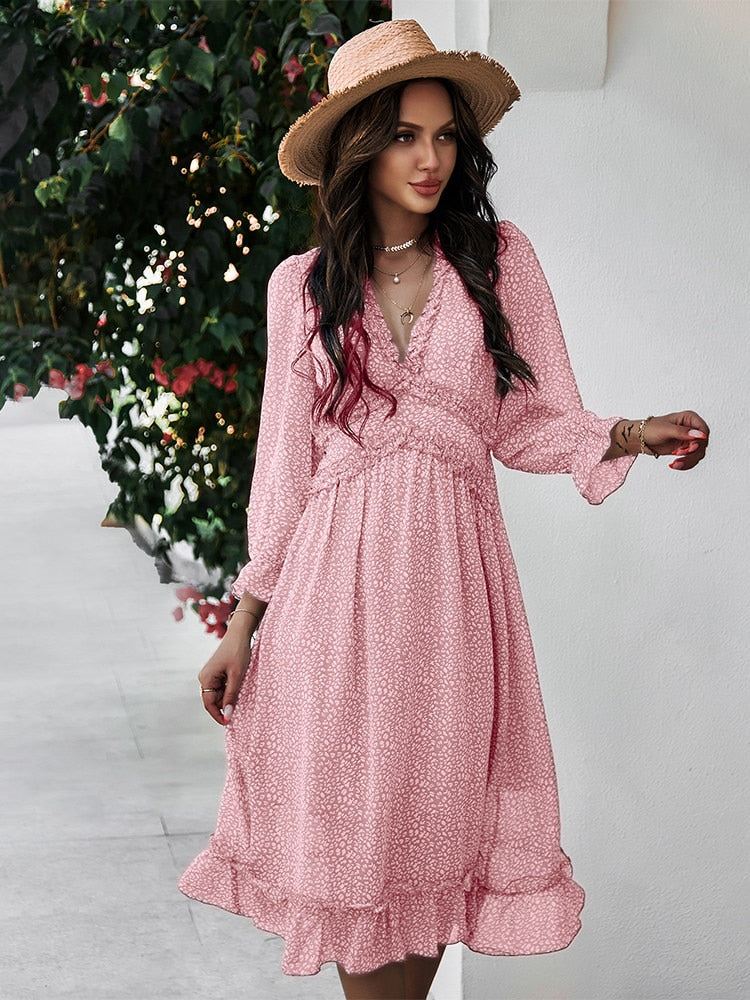 Sexy Floral Print Butterfly Sleeve High Waist Midi Dress