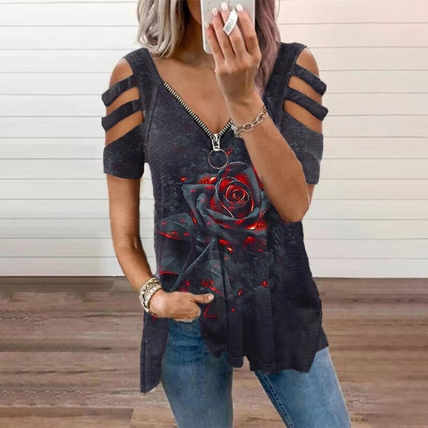 Loose Angel Wing Print Vintage V Neck Zipper T Shirt