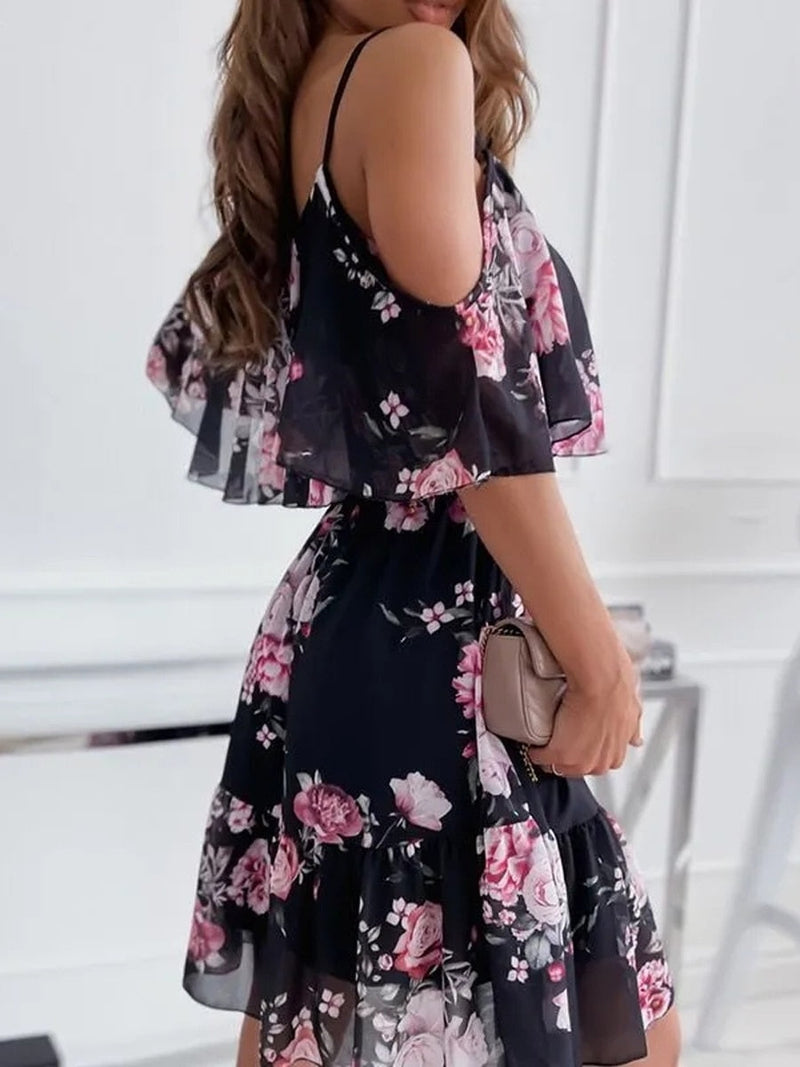 Sexy Off Shoulder Floral Print Spaghetti Strap Mini Dress