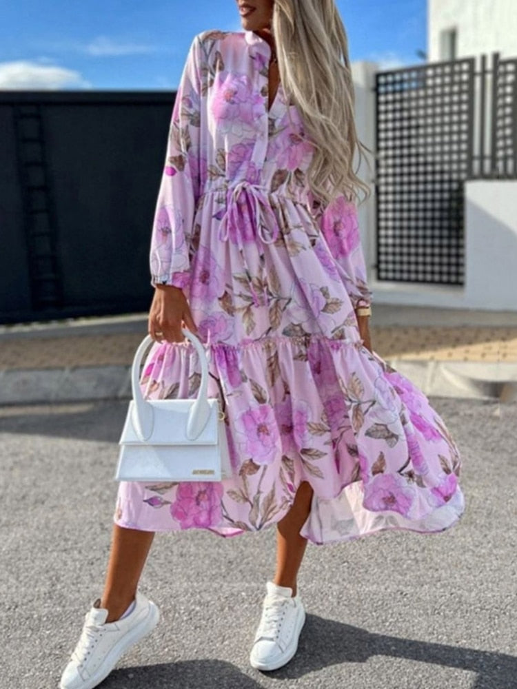 Casual Floral Print Turndown Collar Button Long Dress