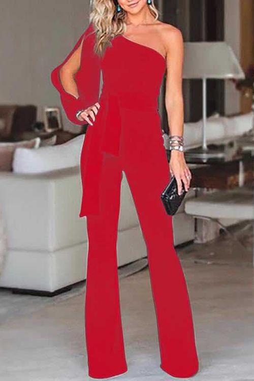 Solid Color One Shoulder Belt Jumpsuit