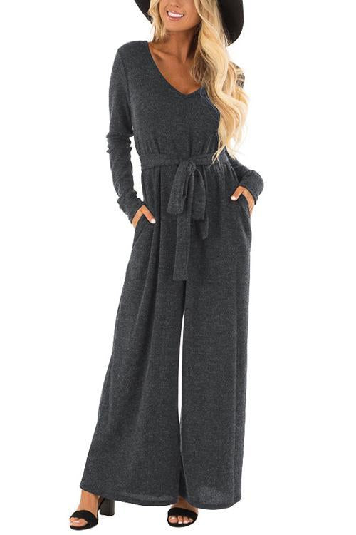 V-Neck Belted Wide-Leg Jumpsuit