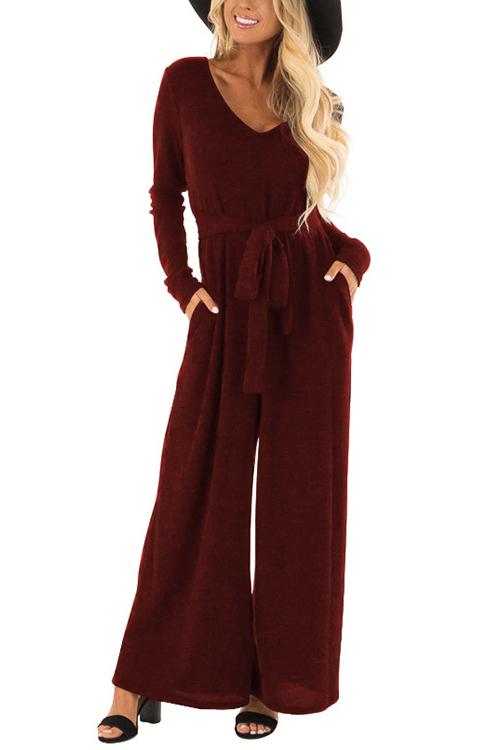 V-Neck Belted Wide-Leg Jumpsuit