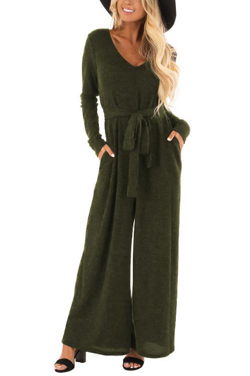 V-Neck Belted Wide-Leg Jumpsuit