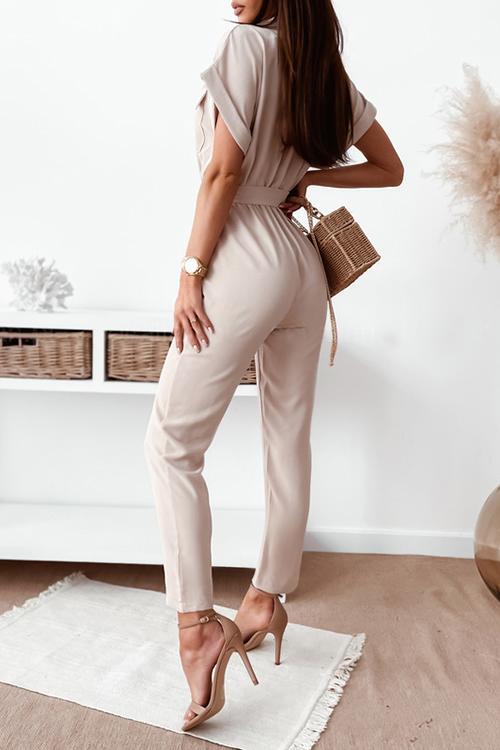 V-Neck Short-Sleeved Pocket Lace-Up Jumpsuit