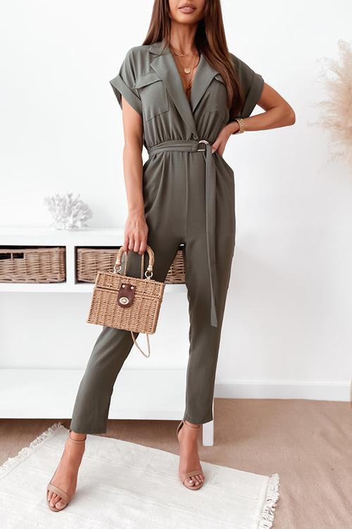 V-Neck Short-Sleeved Pocket Lace-Up Jumpsuit