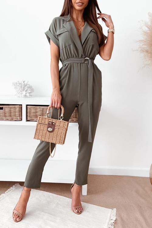 V-Neck Short-Sleeved Pocket Lace-Up Jumpsuit