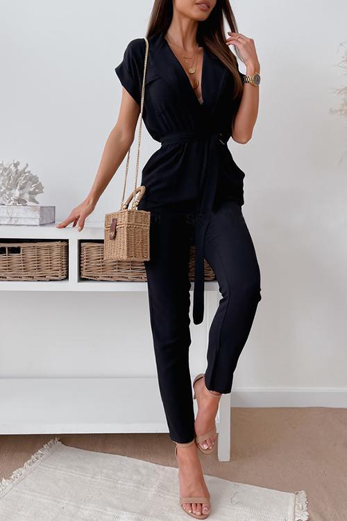 V-Neck Short-Sleeved Pocket Lace-Up Jumpsuit