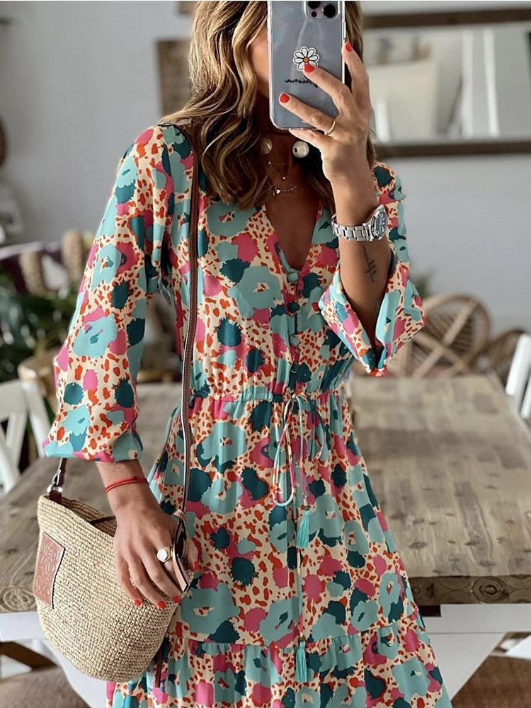 Fashion Chic V Neck Loose Floral Printed Maxi Dress