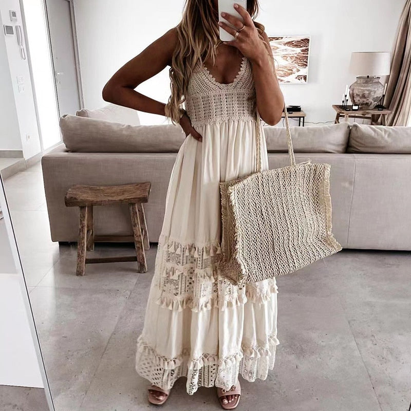 Off Shoulder Lace Patchwork Spaghetti Strap Dress