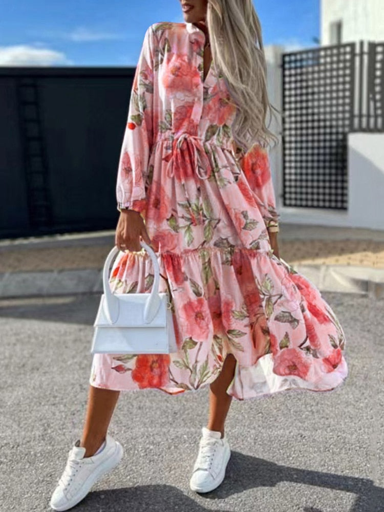 Casual Floral Print Turndown Collar Button Long Dress