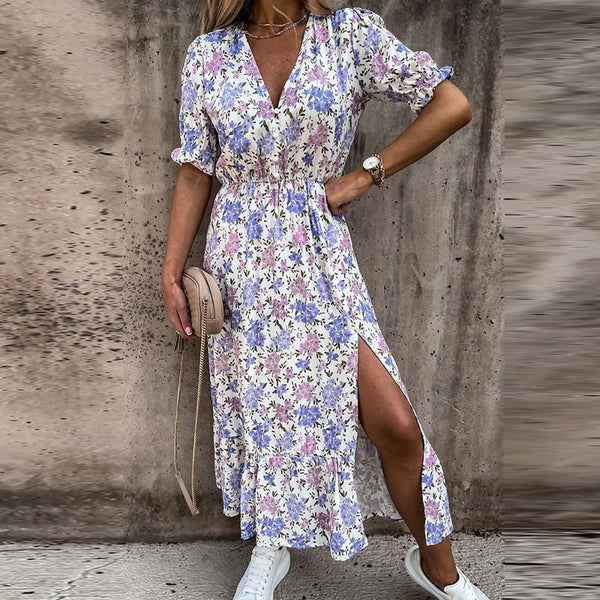 Casual Side Split Big Hem Floral Print Maxi Dress