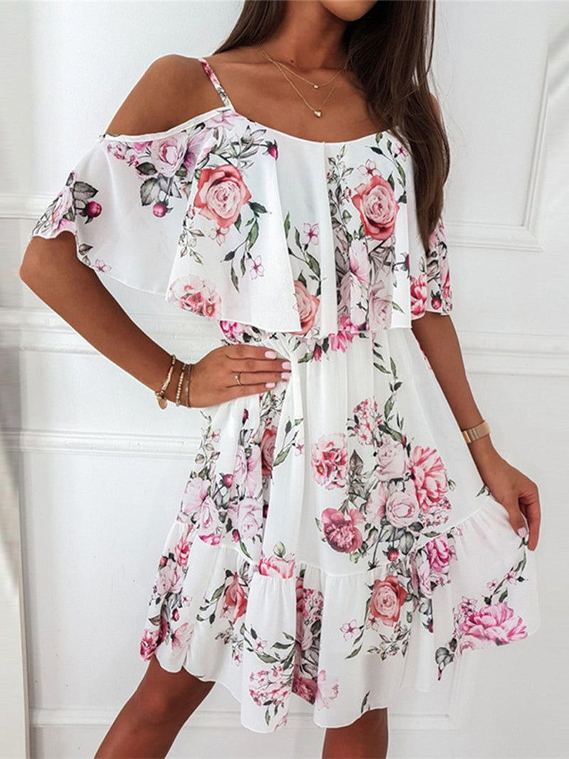 Sexy Off Shoulder Floral Print Spaghetti Strap Mini Dress