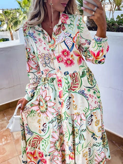 Casual Floral Print Turndown Collar Button Long Dress