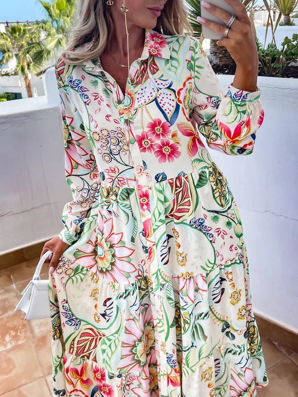 Casual Floral Print Turndown Collar Button Long Dress