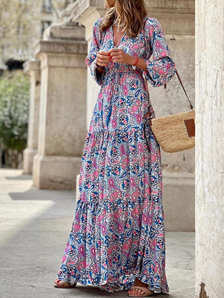 Fashion Chic V Neck Loose Floral Printed Maxi Dress