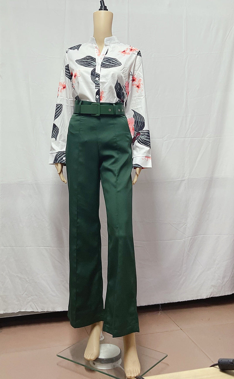 Two Piece Leaf Print Buttoned Shirt High Waist Pants Set