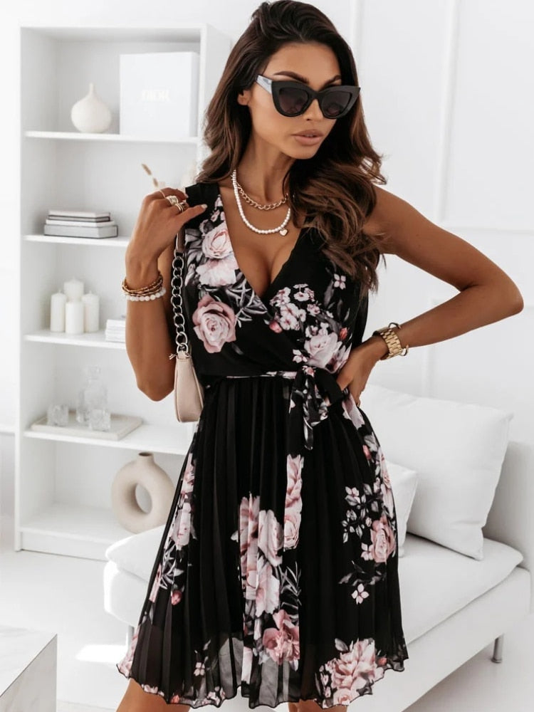 Fashion Lace Waist Floral Pleated Sleeveless Dress