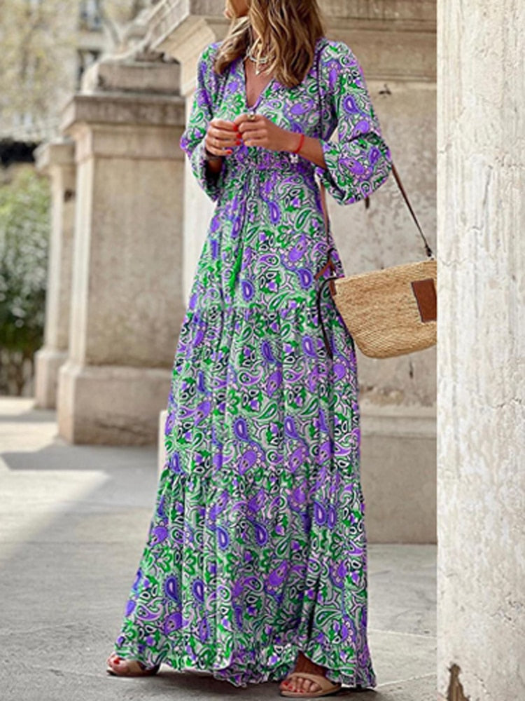 Fashion Chic V Neck Loose Floral Printed Maxi Dress